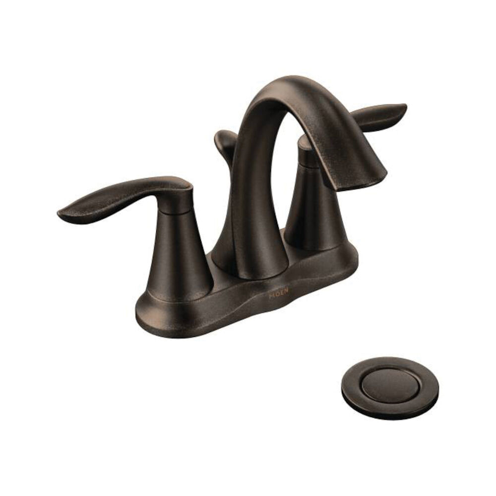 Moen® 6410ORB Centerset Bathroom Faucet, Eva®, Oil Rubbed Bronze, 2 Handles, Metal Pop-Up Drain, 1.5 gpm