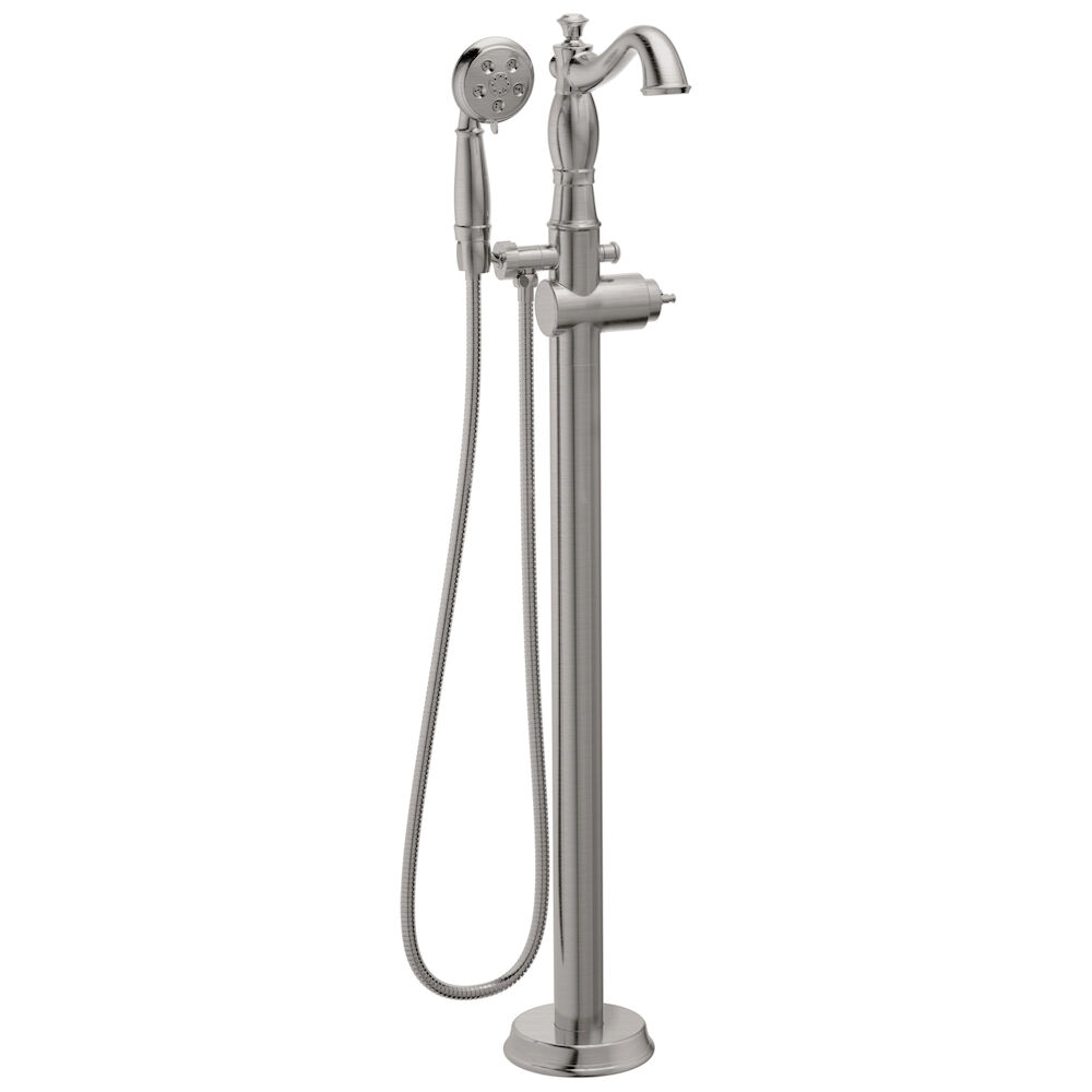 Delta Cassidy™ Single Handle Floor Mount Tub Filler Trim with Hand Shower - Less Handle, Stainless