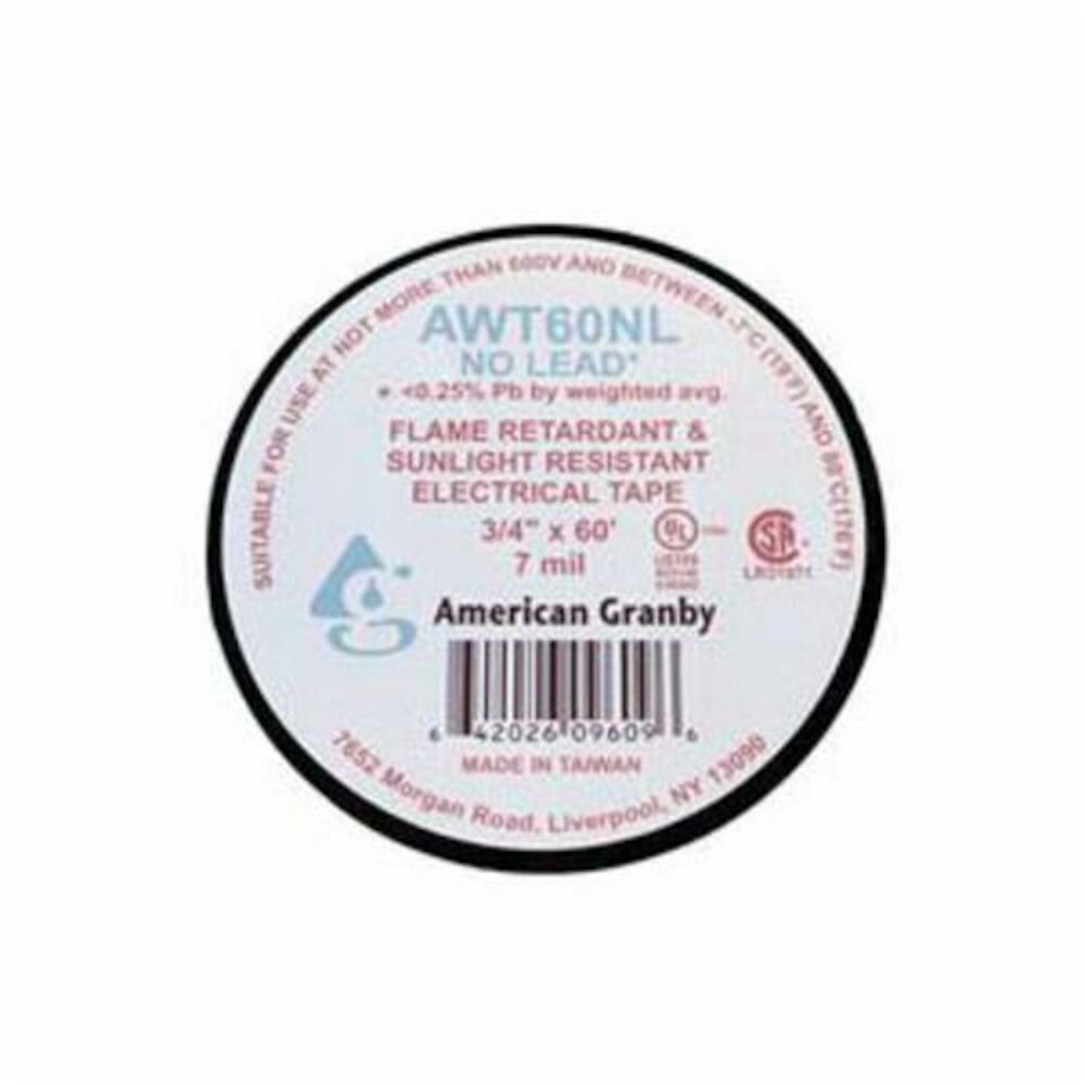 American Granby™ AWT60NL Premium Electrical Pipe Wrap Tape, 3/4" Wx60' L, 7 mm THK, Vinyl, Black