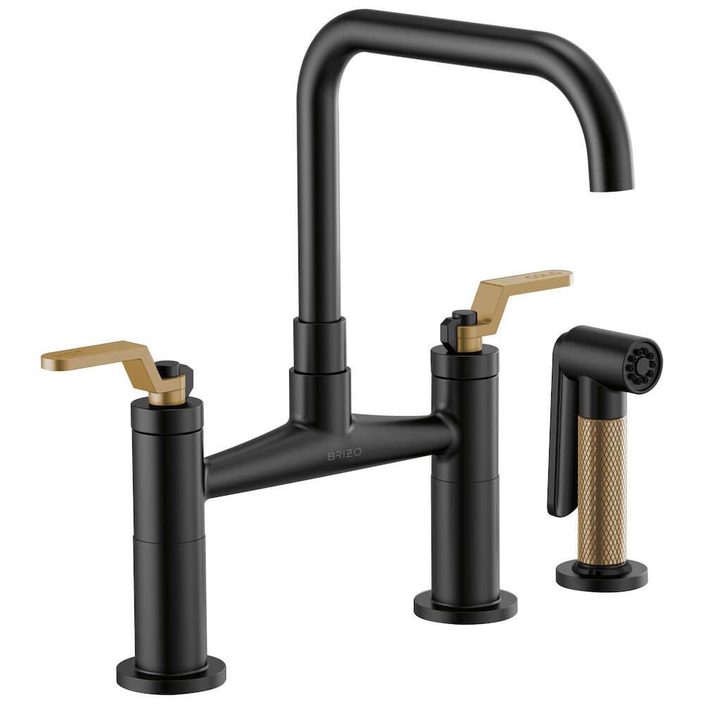 Brizo Litze® Bridge Faucet with Square Spout and Industrial Handle, Matte Black/Luxe Gold