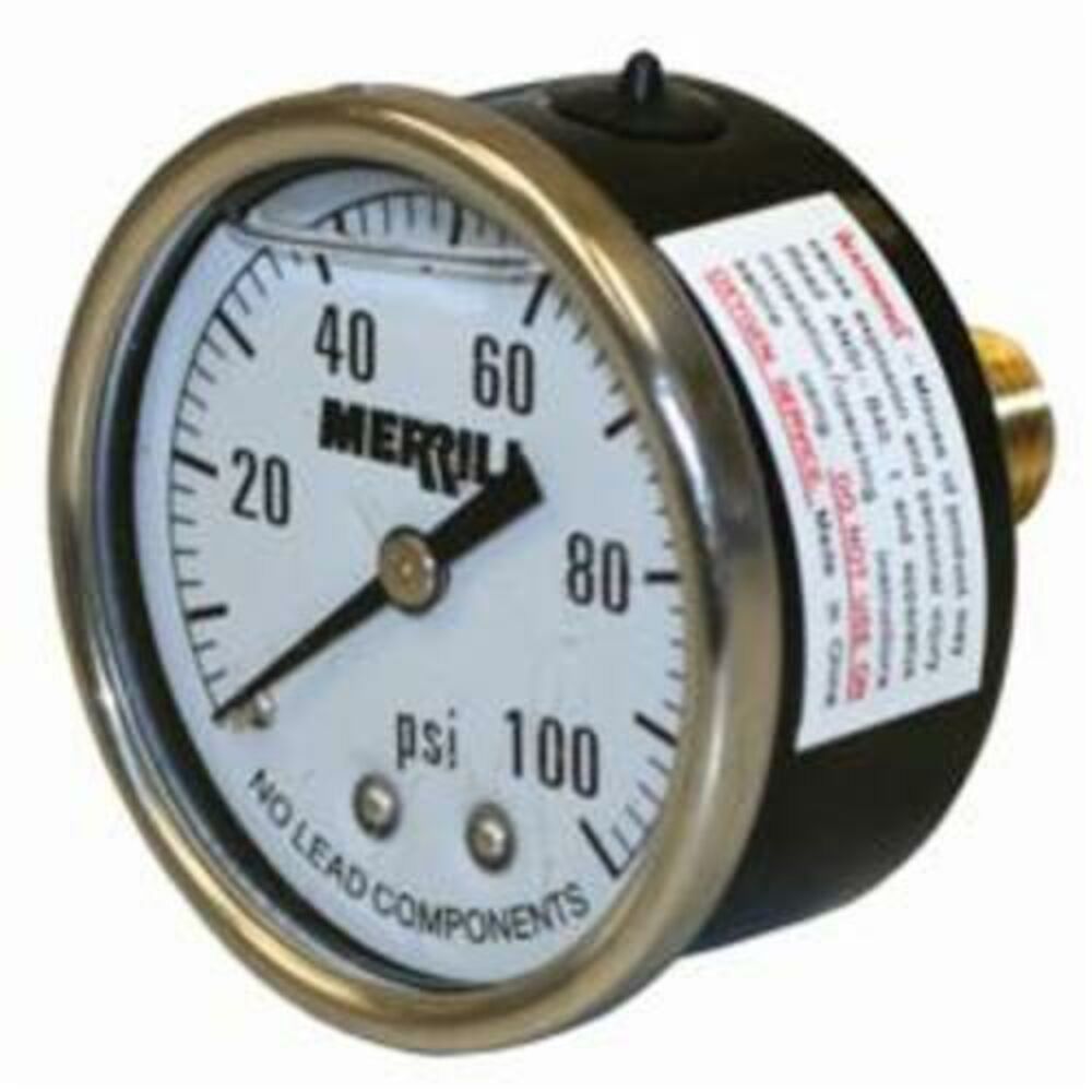 Merrill™ PGLBNL100 Liquid-Filled Pressure Gauge, 0 to 100 psi, 1/4" NPT Back Connection, 2" Dial, +/-3-2-3%