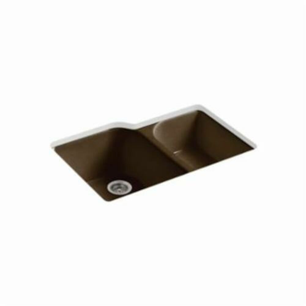 5931-4U-KA Kitchen Sink, Executive Chef™, Rectangular, 16 in Lx19 in Wx9-3/4 in D Left Bowl, 12 in Lx17 in Wx7-3/4 in D Right Bowl, 4 Faucet Holes, 33 in Lx22 in Wx10-5/8 in H, Under Mount, Cast Iron, Enameled Black 'n Tan