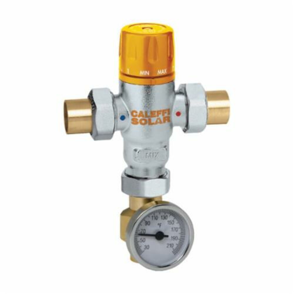252168A Adjustable 3-Way Thermostatic Mixing Valve With Built-In Inlet Check Valve and Temperature Gauge, Brass Body