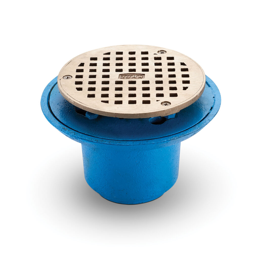 FD2254-NH2-R5 Round Shower Drain, 6-3/8" OD, 2" No-Hub, 5-3/16" Nickel Bronze Grid, Cast Iron Drain