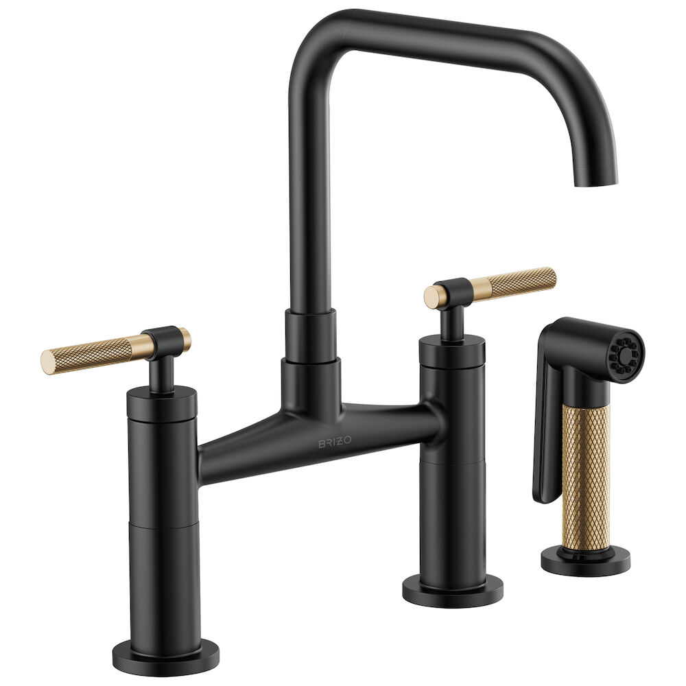 Brizo Litze® Bridge Faucet with Square Spout and Knurled Handle, Matte Black/Luxe Gold