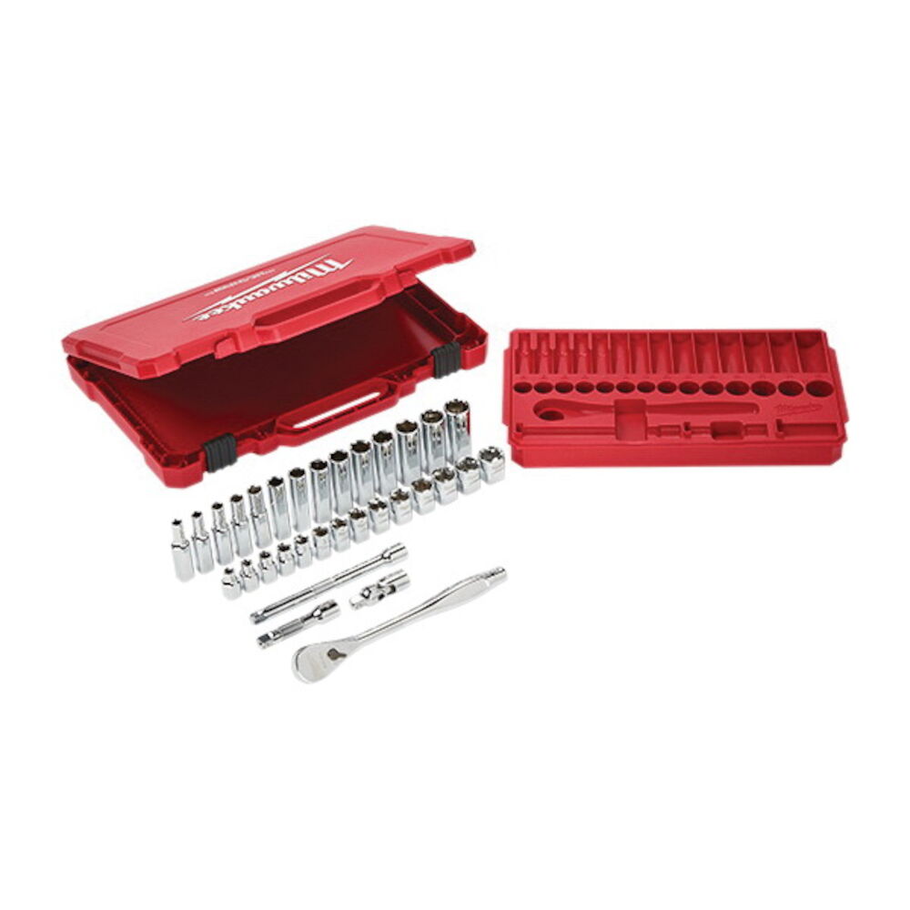 Milwaukee® Tool 48-22-9508 Ratchet and Socket Set, Case Tool Storage, 4 deg Arc Swing, 3/8" Drive, 32 Pieces, Alloy Steel