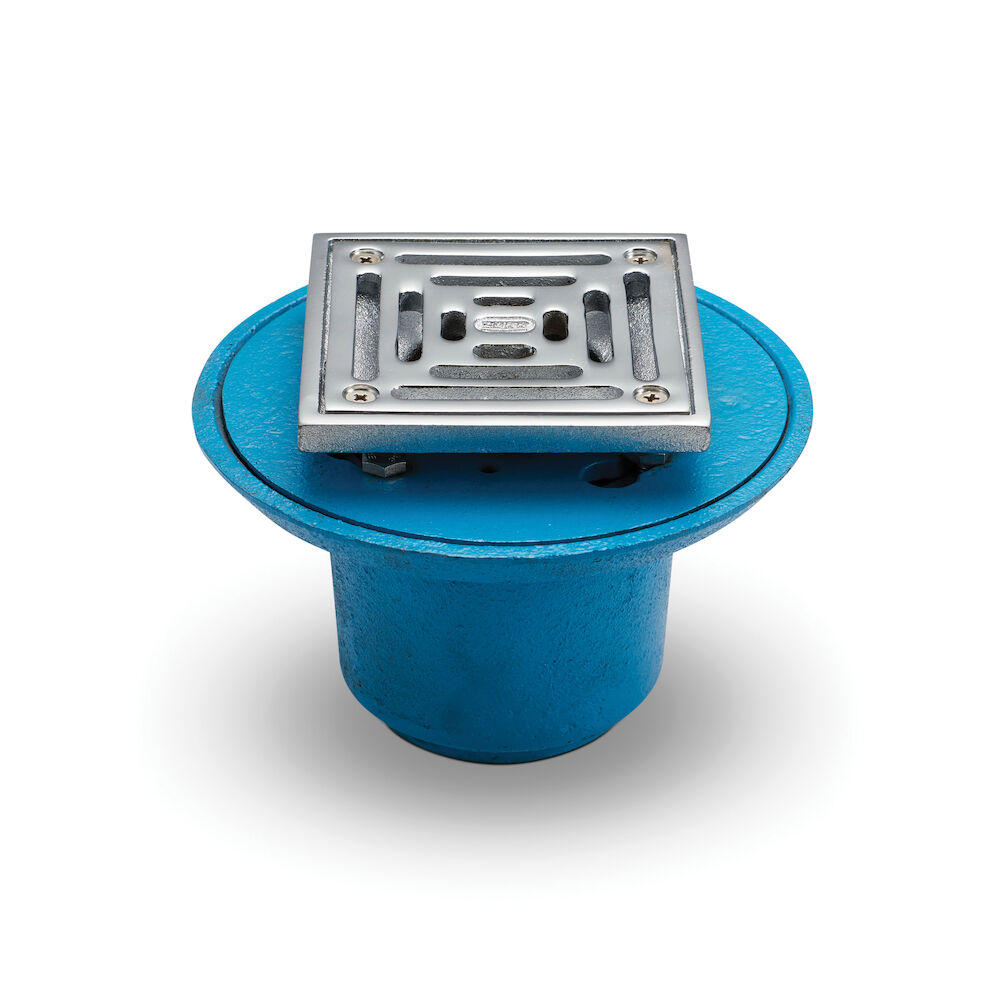 FD2254-NH2-CS4 Shower Drain, 6-1/2" OD, 2" No-Hub, 4-3/16" Brass Grid, Cast Iron Drain