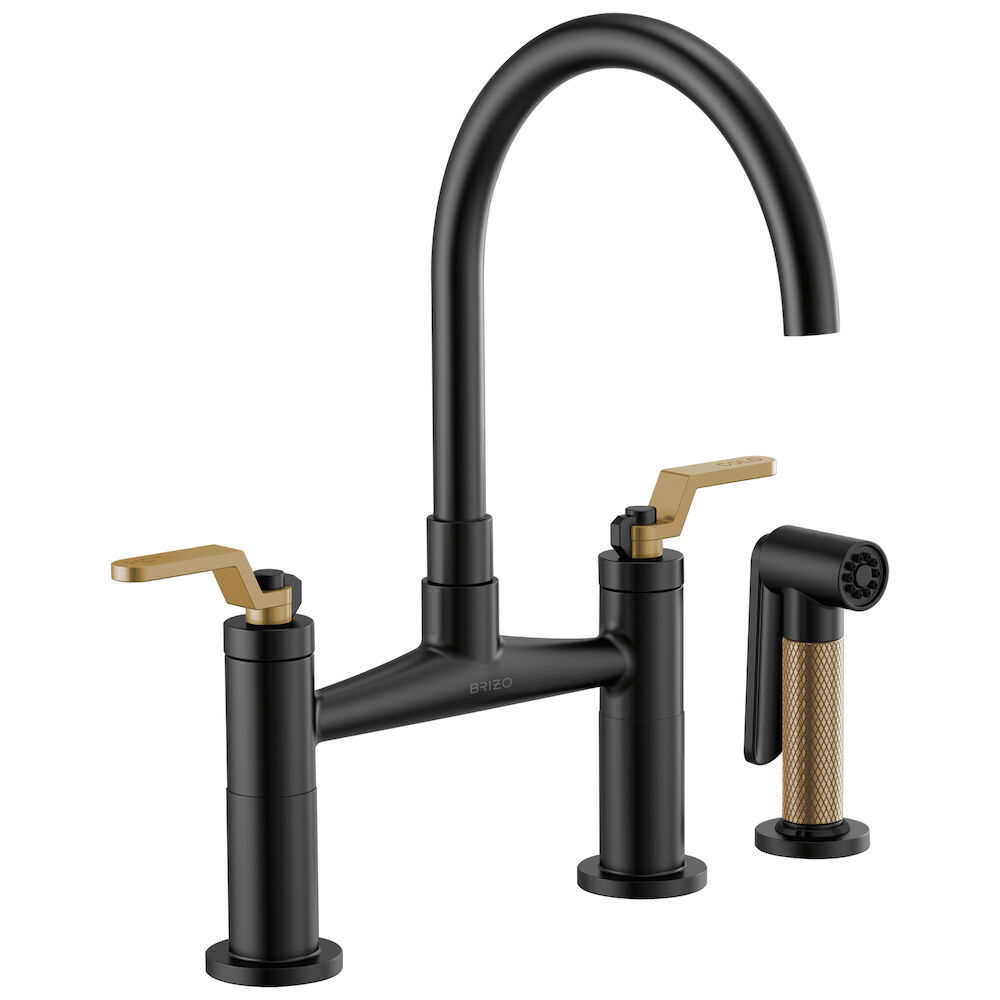 Brizo Litze® Bridge Faucet with Arc Spout and Industrial Handle, Matte Black/Luxe Gold